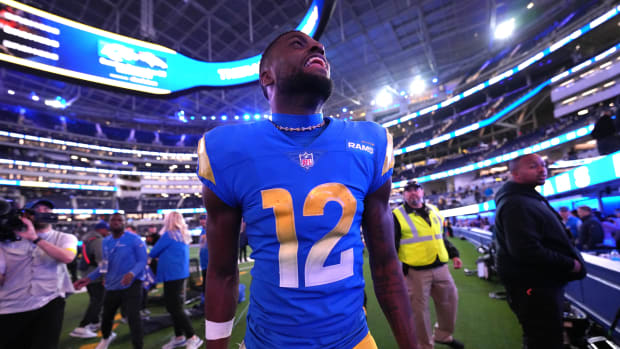 Dec 8, 2022; Inglewood, California, USA; Los Angeles Rams wide receiver Van Jefferson (12) celebrates after the game against the Las Vegas Raiders at SoFi Stadium. Mandatory Credit: Kirby Lee-USA TODAY Sports
